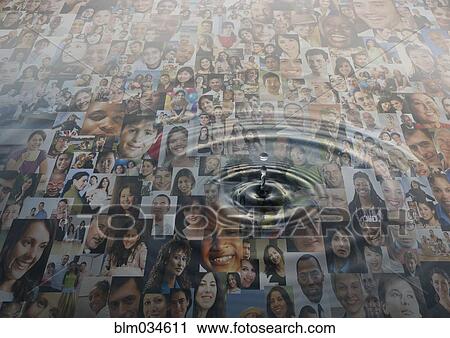 Stock Image - Ripple of water over montage of smiling faces. Fotosearch