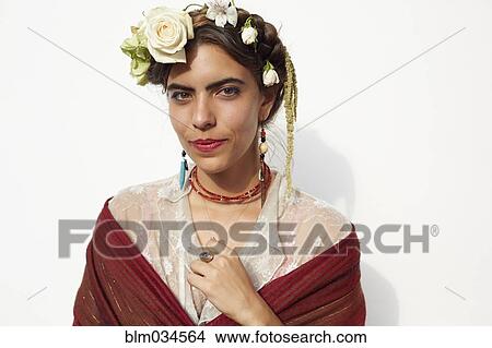 Stylish woman wearing shawl and flowers in hair View Large Photo Image Picture - Stylish woman wearing shawl and flowers in hair. Fotosearch
