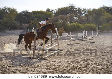 Teenage girl riding horse over jumps on course View Large Photo Image Stock Photo - Teenage girl riding horse over jumps on course. Fotosearch