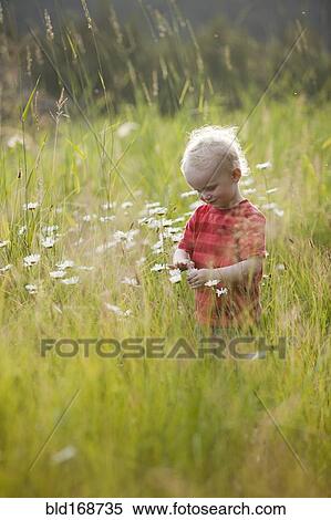 Stock Photography - Caucasian boy admiring flowers in tall grass. Fotosearch