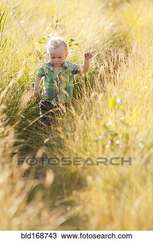 Stock Image - Caucasian boy walking in tall grass. Fotosearch