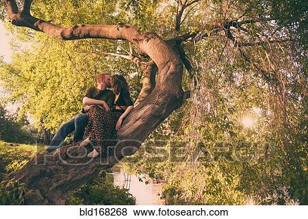 Stock Photo - Caucasian couple kissing in tree. Fotosearch