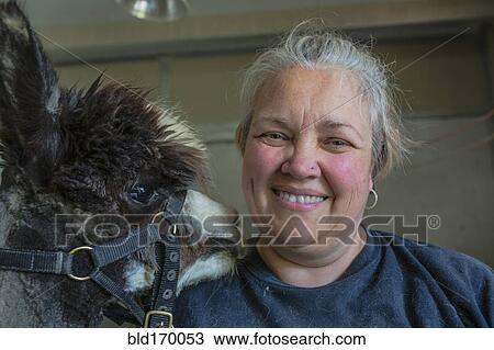 Caucasian farmer smiling with alpaca View Large Photo Image Stock Image - Caucasian farmer smiling with alpaca. Fotosearch