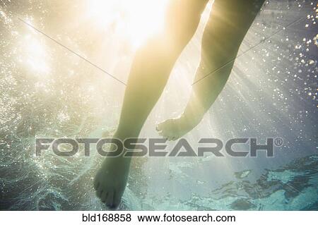 Stock Photo - Caucasian girl swimming underwater in swimming pool. Fotosearch