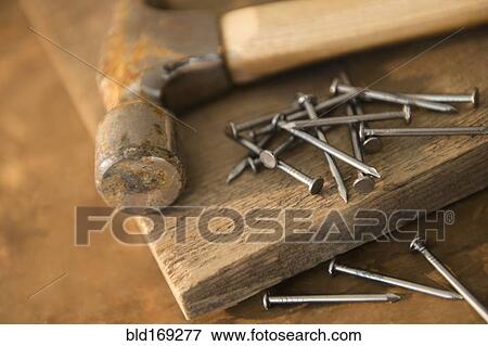 Close up of hammer, nails and wooden board View Large Photo Image Stock Photo - Close up of hammer, nails and wooden board. Fotosearch