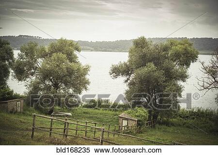 Stock Photography - Fences around rural fields near still lake. Fotosearch