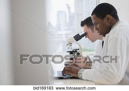 Stock Image - Scientists using laptop and microscope in lab. Fotosearch