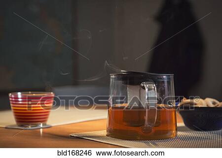 Steaming pot of tea on table View Large Photo Image Stock Photograph - Steaming pot of tea on table. Fotosearch