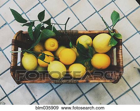 Basket of lemons on table View Large Photo Image Stock Photo - Basket of lemons on table. Fotosearch