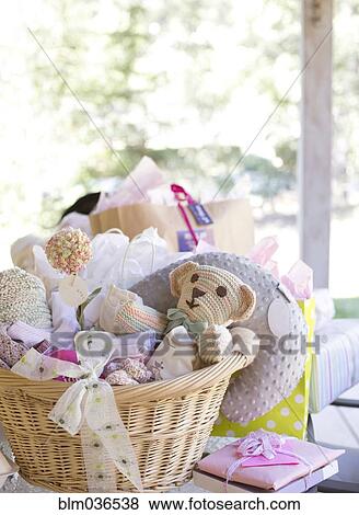Baskets of toys for baby shower View Large Photo Image Stock Photo - Baskets of toys for baby shower. Fotosearch