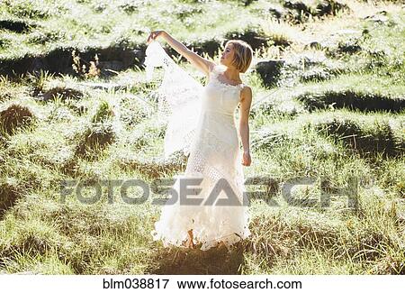 Bride wearing wedding gown in rural field View Large Photo Image Stock Photo - Bride wearing wedding gown in rural field. Fotosearch