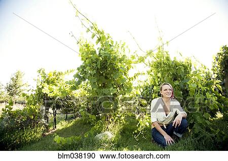 Stock Image - Caucasian farmer crouching in rural vineyard. Fotosearch