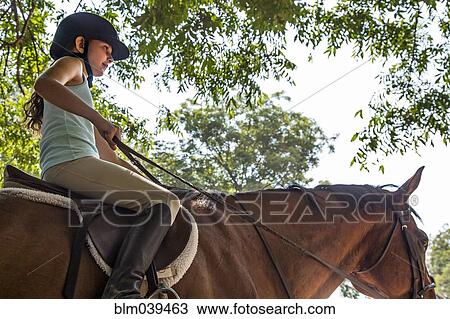 Stock Image - Low angle view of equestrian girl riding horse. Fotosearch
