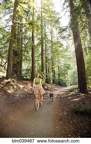Mixed race woman riding bicycle with dog View Large Photo Image Stock Photo - Mixed race woman riding bicycle with dog. Fotosearch