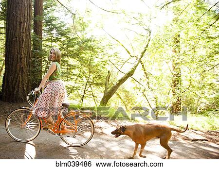 Mixed race woman riding bicycle with dog View Large Photo Image Stock Photograph - Mixed race woman riding bicycle with dog. Fotosearch