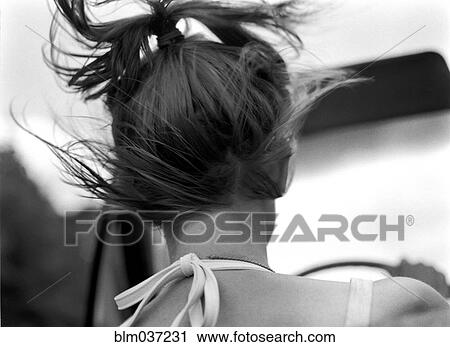 Rear view of woman driving car in wind View Large Photo Image Stock Image - Rear view of woman driving car in wind. Fotosearch