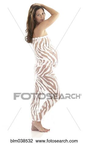 Stock Image - Side view of pregnant woman wearing bodysuit. Fotosearch