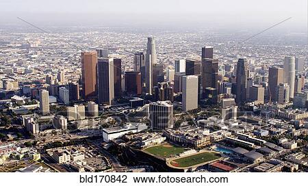 Stock Image - Aerial view of highrise buildings in downtown Los Angeles, California, United States. Fotosearch