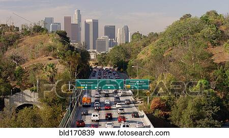 Stock Photo - Aerial view of traffic driving to downtown Los Angeles, California, United States. Fotosearch