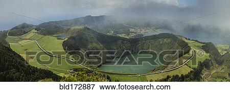 Stock Photo - Aerial view of Twin Crater Lakes in rural landscape, Sao Miguel, Portugal. Fotosearch