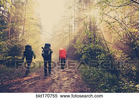 Stock Photography - Backpackers hiking on dirt path in forest. Fotosearch