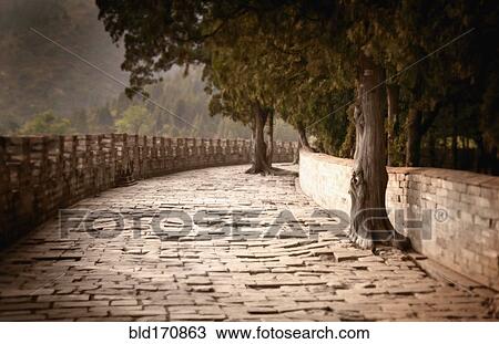 Stock Image - Brick path under trees in rural landscape. Fotosearch