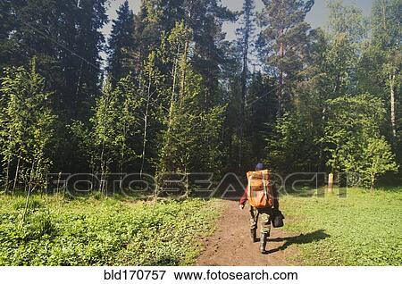 Caucasian backpacker hiking on dirt path in forest View Large Photo Image Stock Photo - Caucasian backpacker hiking on dirt path in forest. Fotosearch