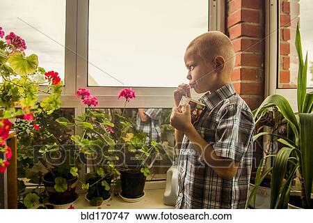 Caucasian boy drinking juice from mug by window View Large Photo Image Stock Photo - Caucasian boy drinking juice from mug by window. Fotosearch