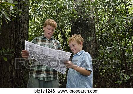 Caucasian boys reading map in forest View Large Photo Image Stock Photograph - Caucasian boys reading map in forest. Fotosearch