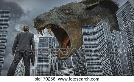 Stock Photograph - Caucasian businessman watching monster rat in city. Fotosearch