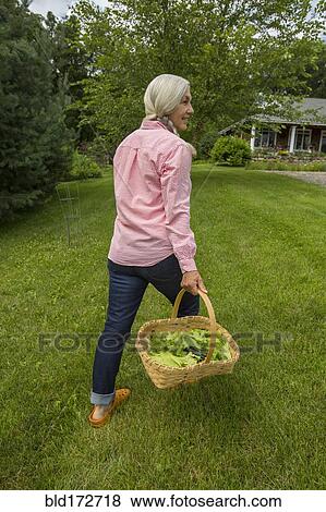 Stock Photo - Caucasian woman carrying basket of vegetables in backyard. Fotosearch