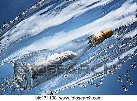 Stock Photo - Close up of message in a bottle splashing in water. Fotosearch