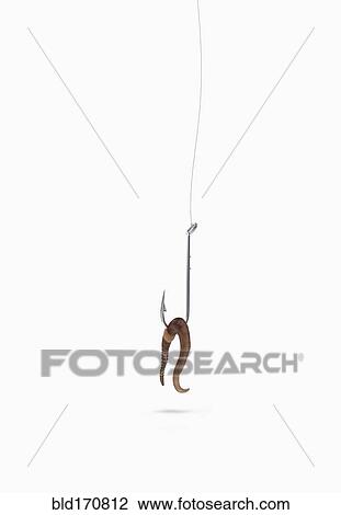 Stock Image - Close up of worm bait on fishing hook. Fotosearch