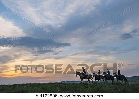 Stock Photograph - Cowgirls and cowboy riding horses in rural field. Fotosearch