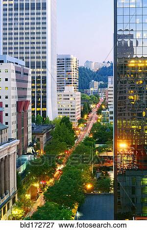 Stock Photo - High angle view of traffic in downtown Portland, Oregon, United States . Fotosearch