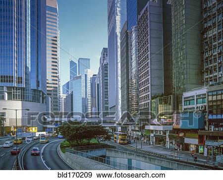 Stock Photo - Highrise buildings over Hong Kong streets, Hong Kong, China. Fotosearch