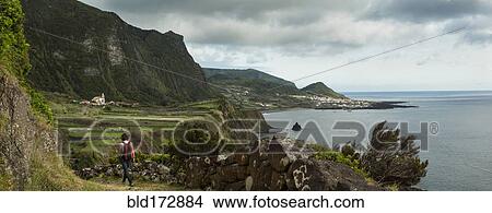 Hiker walking on coastal path in rural landscape View Large Photo Image Picture - Hiker walking on coastal path in rural landscape. Fotosearch