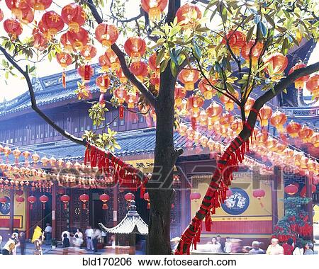 Lanterns on tree outside Chinese temple, Shanghai, Shanghai, China View Large Photo Image Stock Photograph - Lanterns on tree outside Chinese temple, Shanghai, Shanghai, China. Fotosearch