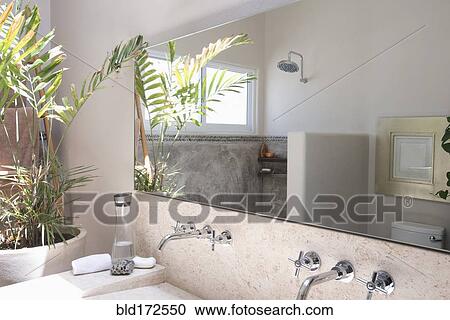 Mirror, sinks and shower in modern bathroom View Large Photo Image Stock Image - Mirror, sinks and shower in modern bathroom. Fotosearch