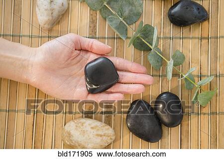Stock Photography - Mixed race woman holding massage stones . Fotosearch