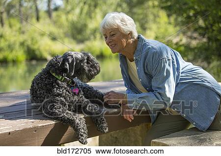 Older Caucasian woman sitting with dog in park View Large Photo Image Stock Photography - Older Caucasian woman sitting with dog in park. Fotosearch