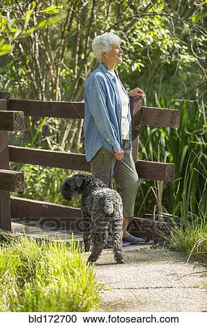 Stock Image - Older Caucasian woman walking dog in park. Fotosearch