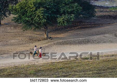 Stock Image - People carrying baskets on dirt path in rural landscape. Fotosearch