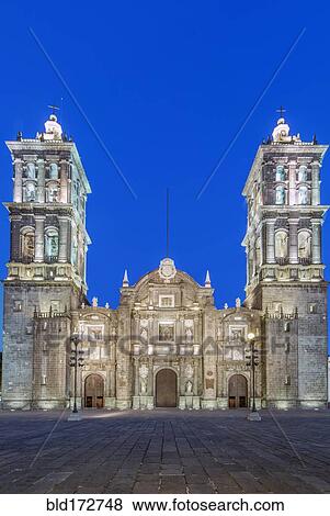 Stock Photo - Puebla Cathedral at night, Puebla, Puebla, Mexico. Fotosearch