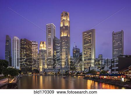 Stock Photo - Singapore city skyline and waterfront, Singapore, Singapore. Fotosearch
