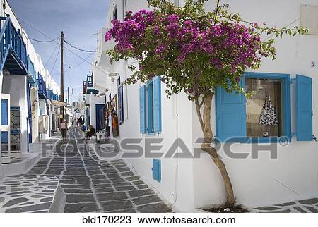 Traditional buildings on Mykonos street, Cyclades Islands, Greece View Large Photo Image Stock Image - Traditional buildings on Mykonos street, Cyclades Islands, Greece. Fotosearch