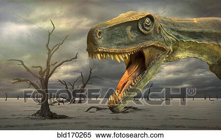 Tyrannosaurus Rex roaring in desolate landscape View Large Photo Image Stock Photography - Tyrannosaurus Rex roaring in desolate landscape. Fotosearch