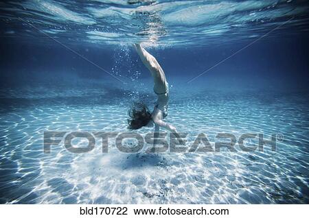 Stock Image - Underwater view of woman swimming in ocean. Fotosearch