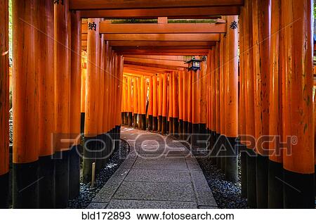 Stock Image - Walkway under orange wooden pillars. Fotosearch