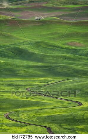 Stock Photography - Winding irrigation ditch through rolling hills in rural landscape. Fotosearch